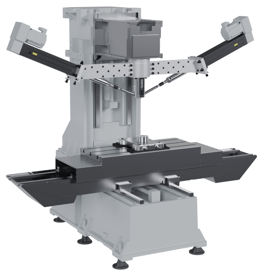 High-precision industrial milling machine with dual adjustable arms and work tables.