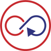 Red and blue infinity symbol with a mouse cursor inside a red circle.